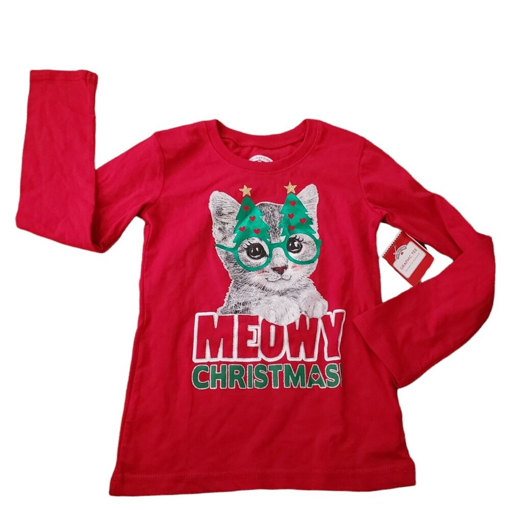 HOLIDAY TIME GIRLS CHRISTMAS SHIRT CAT MEOWY CHRISTMAS NOVELTY SIZE XS 4-5 NEW